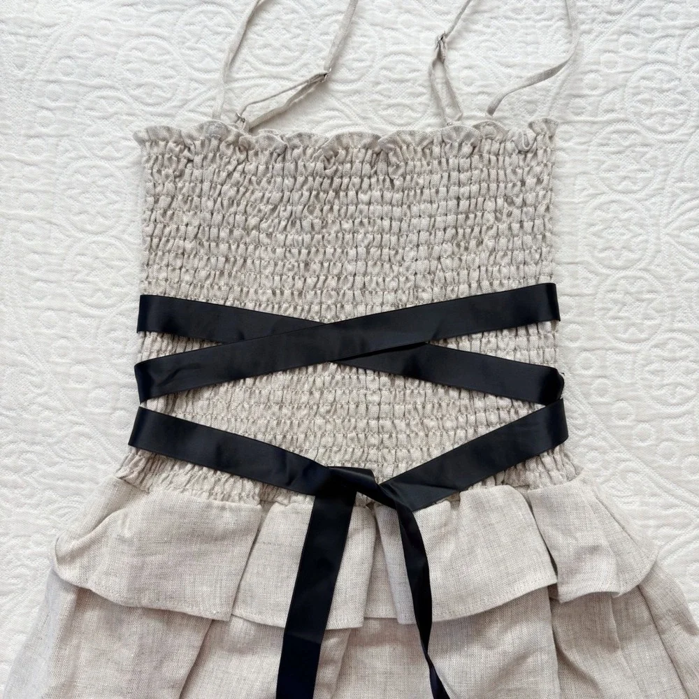 Reformation Miles Smocked Linen Midi Dress,‎ Oatmeal - Picture 3 of 6